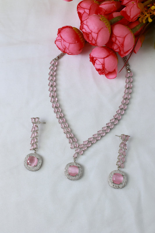 Korean Pink Glass Stone Jewelry Necklace Set | Rhodium Plated Party Wear Jewelry with Earrings