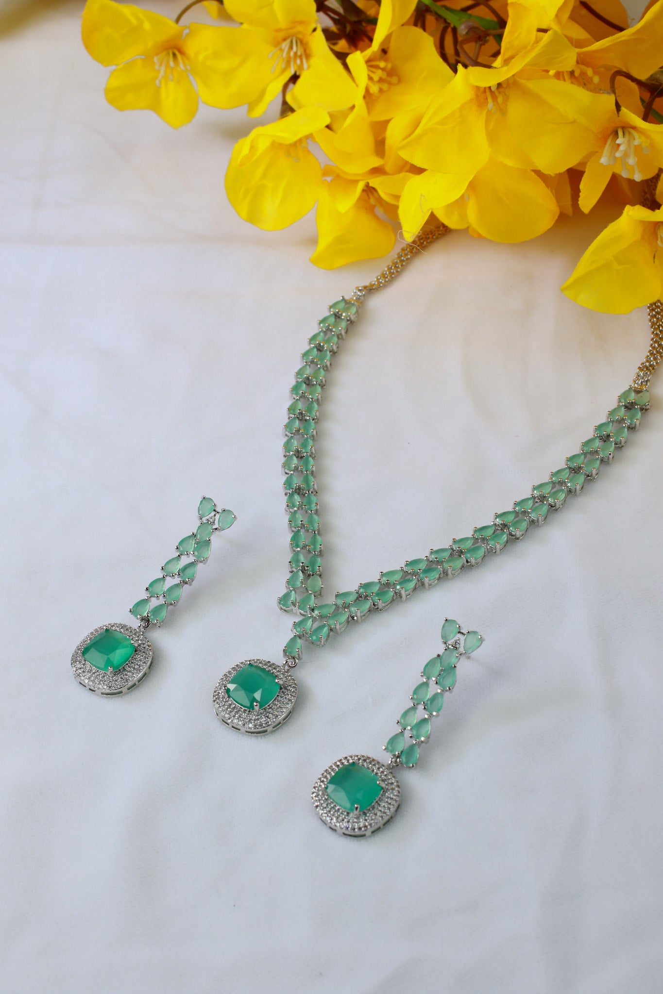 Korean Glass Stone Jewelry Necklace Set Green | Rhodium Plated Jewelry with Earrings