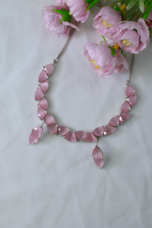 Korean Pink Glass Stone Jewelry Necklace Set | Rhodium Plated Elegant Fashion Jewelry with Earrings