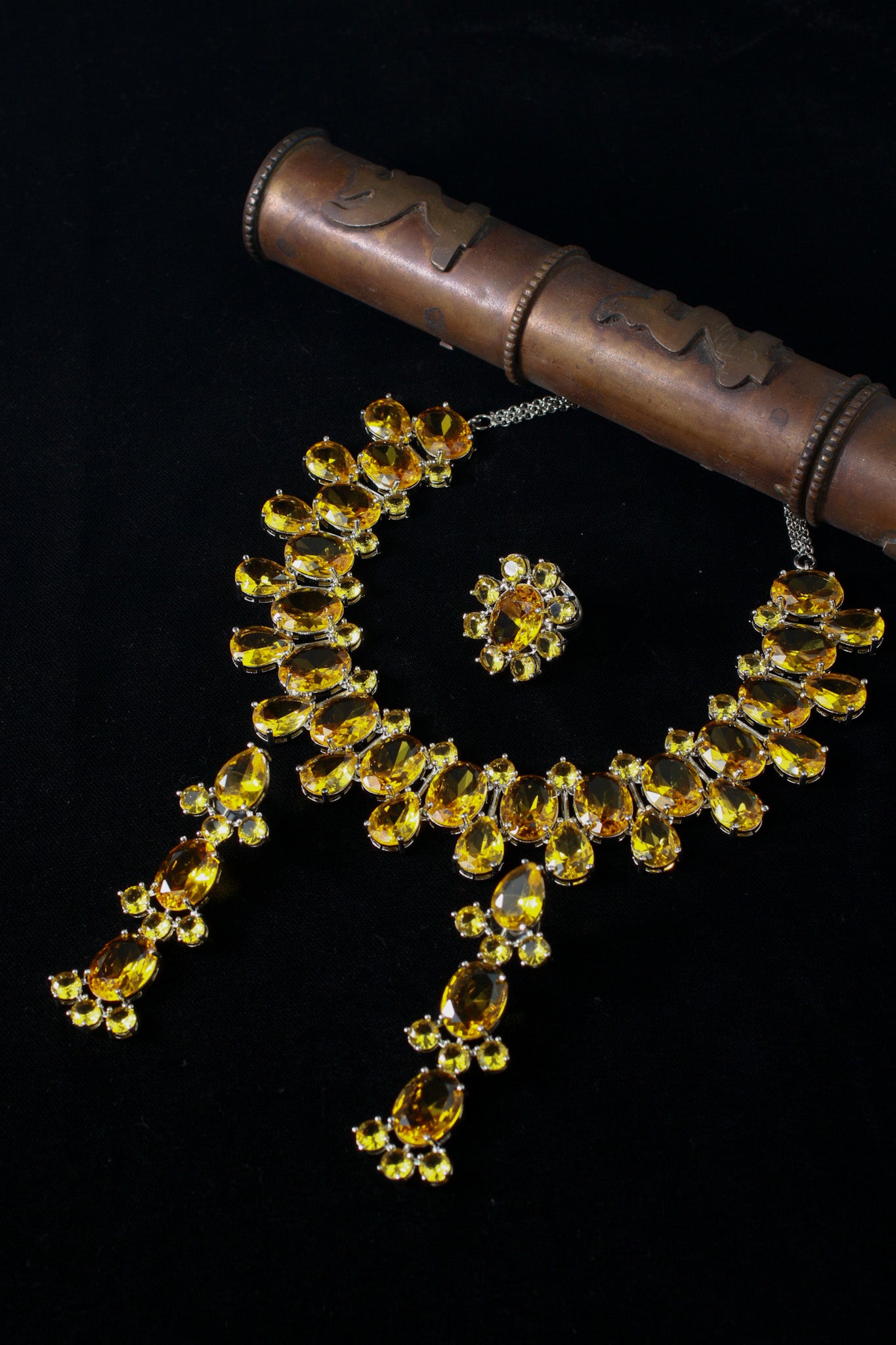 Korean Yellow Glass Stone Jewelry Jewelry Set | Rhodium Plated Necklace & Earrings