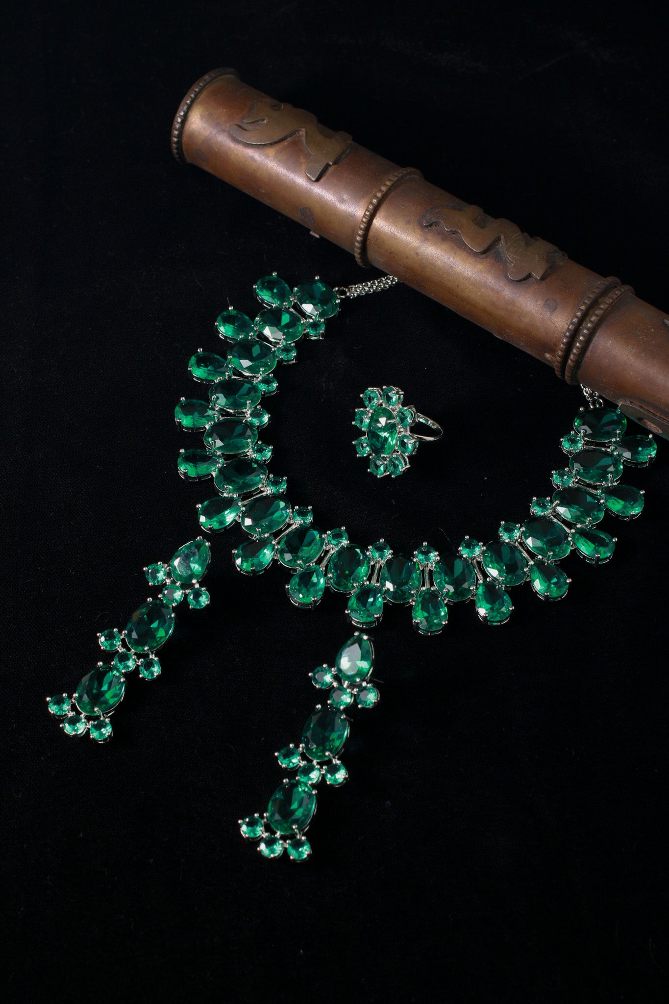 Emerald Green Korean Glass Stone Jewelry Necklace Set | Rhodium Plated Wedding & Party Jewelry with Earrings