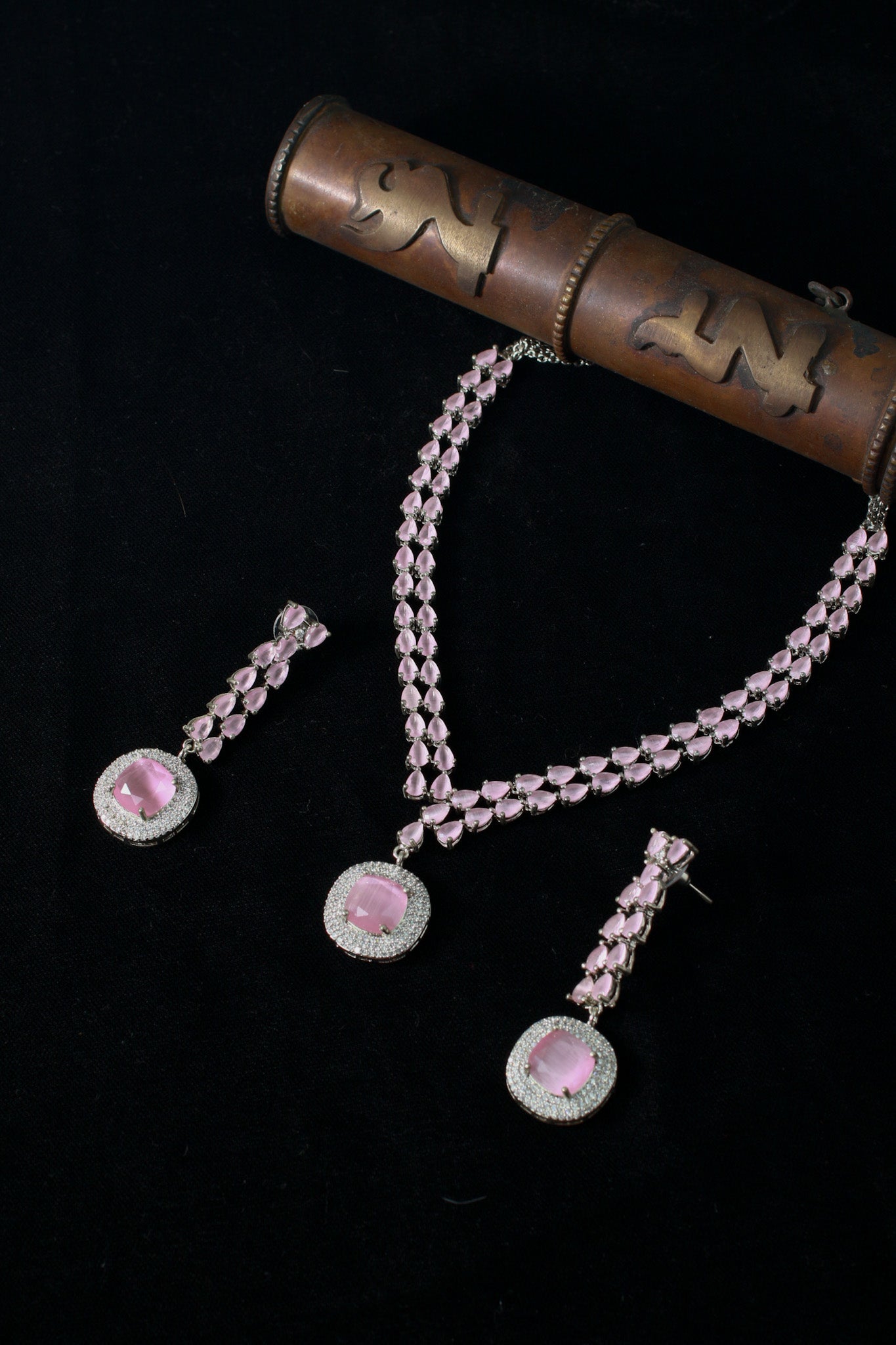 Korean Pink Glass Stone Jewelry Necklace Set | Rhodium Plated Party Wear Jewelry with Earrings