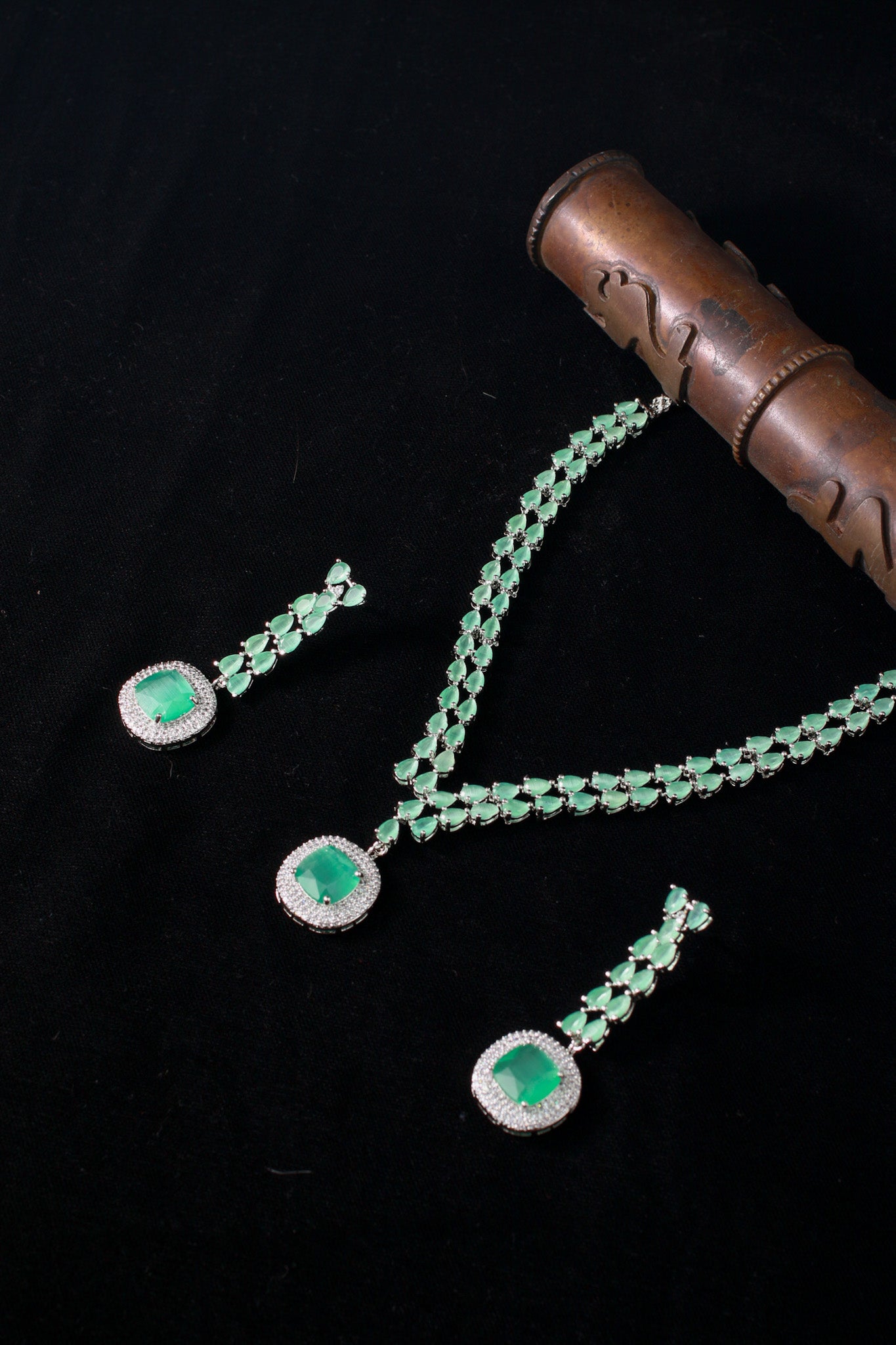 Korean Glass Stone Jewelry Necklace Set Green | Rhodium Plated Jewelry with Earrings