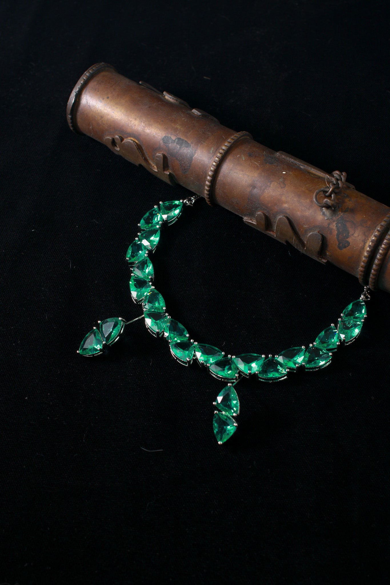 Korean Green Glass Stone Jewelry Necklace Set | Rhodium Plated Elegant Jewelry with Earrings