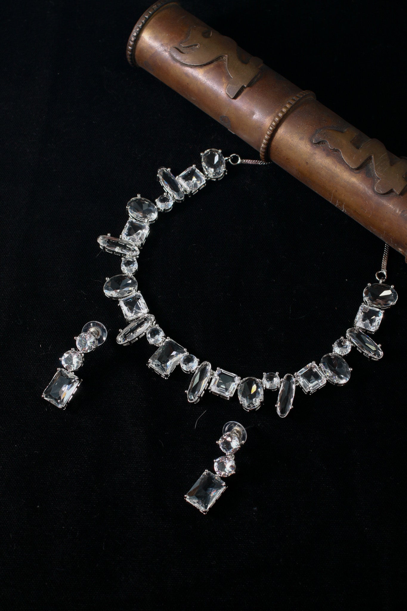 Korean Silver Glass Stone Jewelry Necklace Set | Rhodium Plated Crystal Jewelry with Earrings