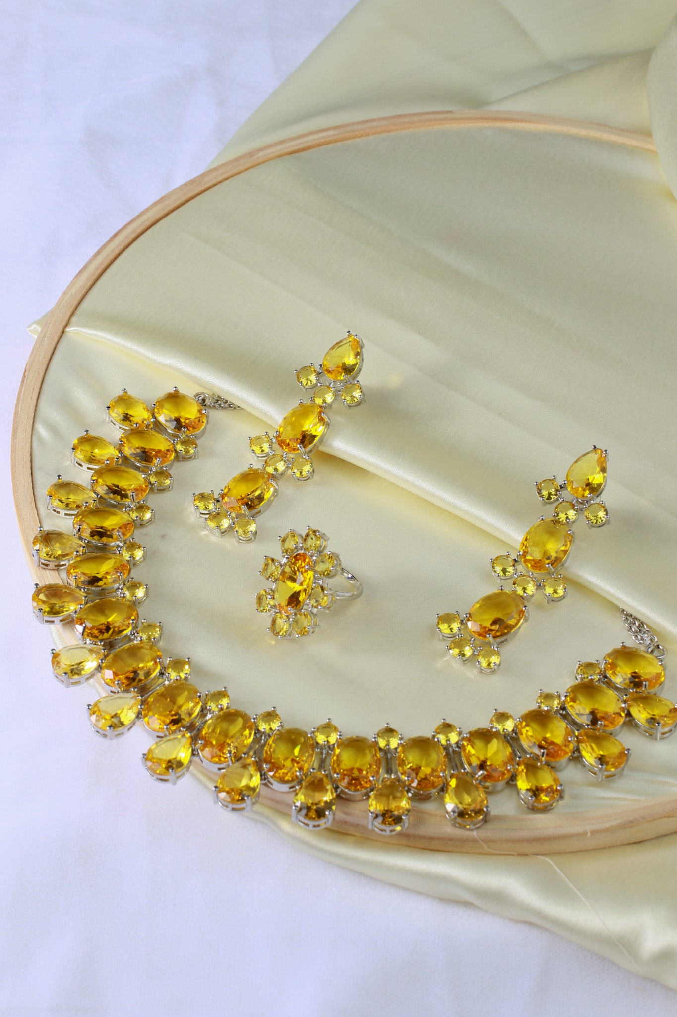 Korean Yellow Glass Stone Jewelry Jewelry Set | Rhodium Plated Necklace & Earrings