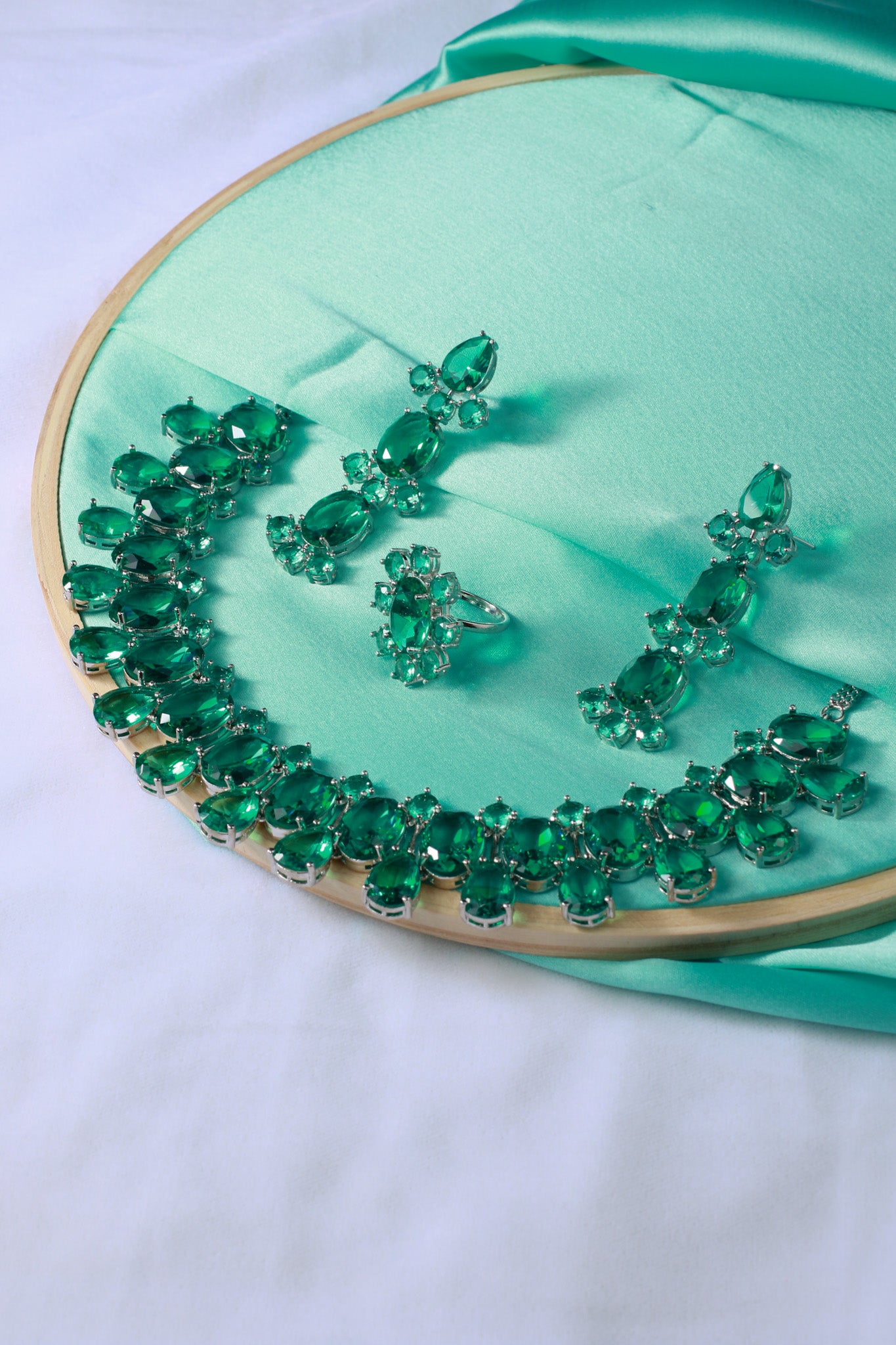 Emerald Green Korean Glass Stone Jewelry Necklace Set | Rhodium Plated Wedding & Party Jewelry with Earrings