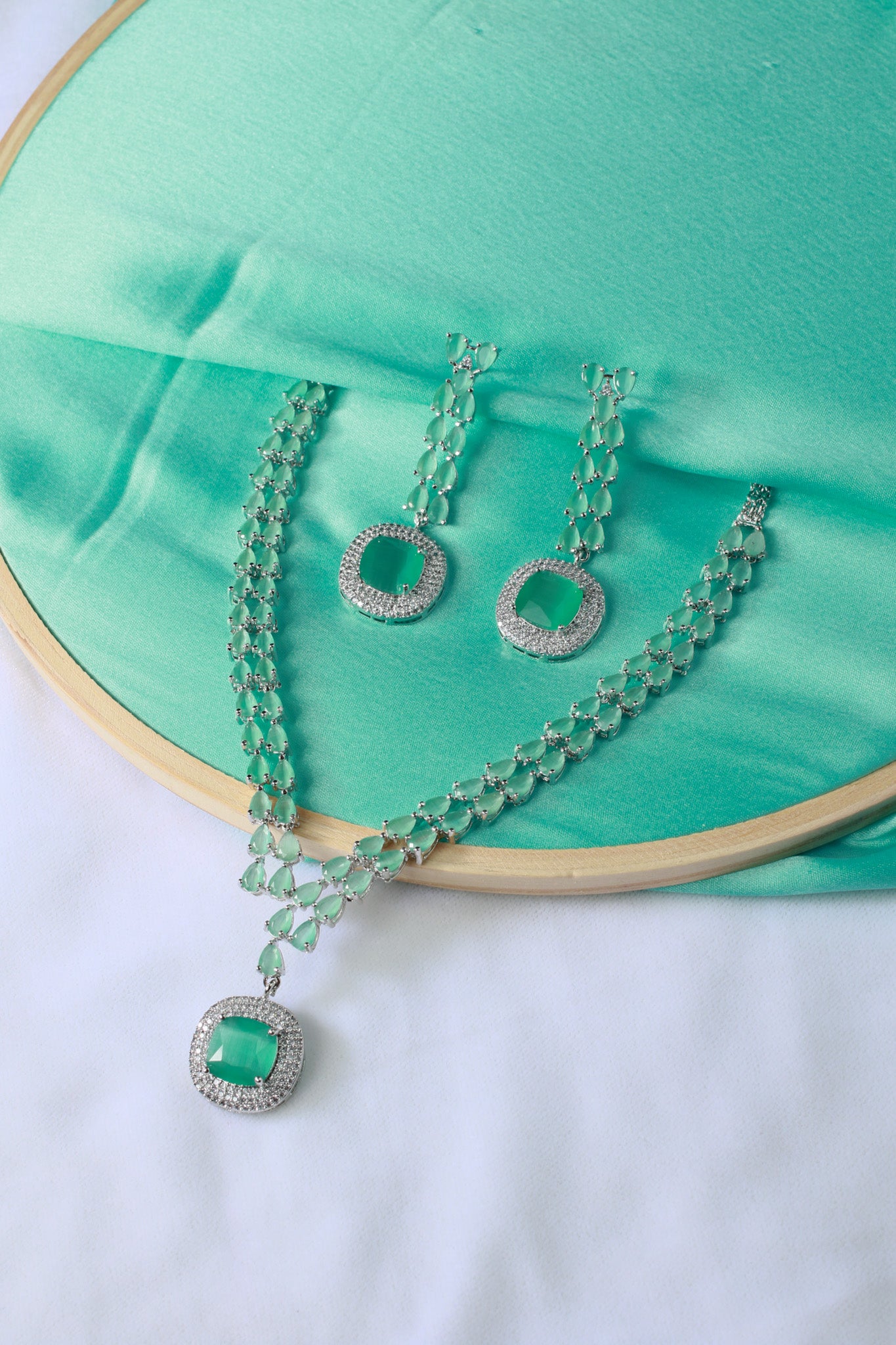 Korean Glass Stone Jewelry Necklace Set Green | Rhodium Plated Jewelry with Earrings