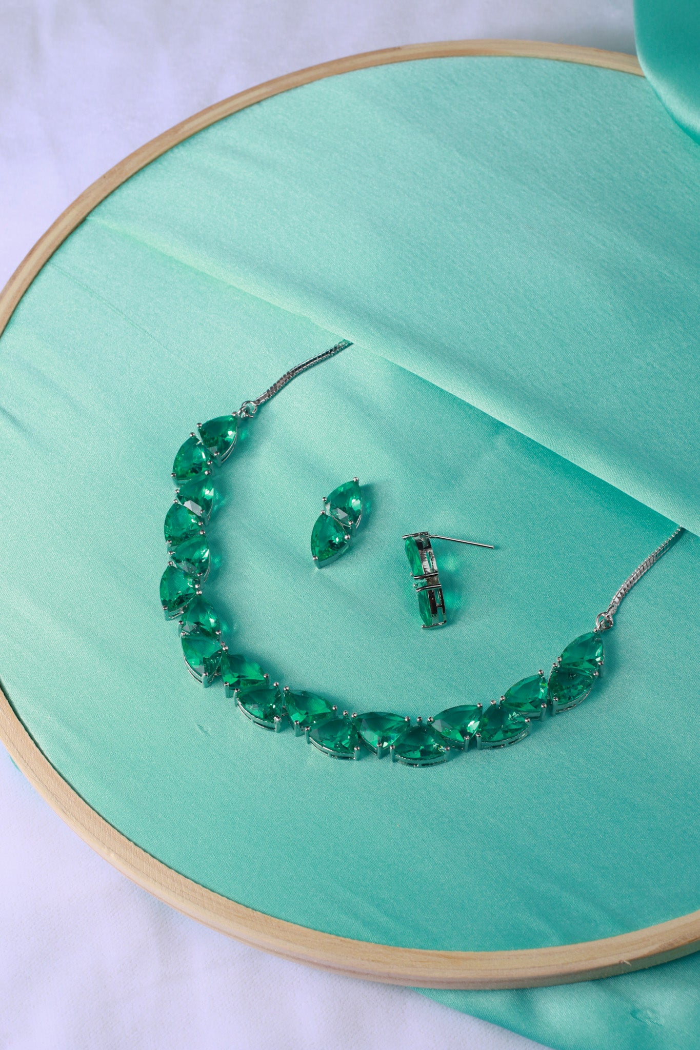 Korean Green Glass Stone Jewelry Necklace Set | Rhodium Plated Elegant Jewelry with Earrings