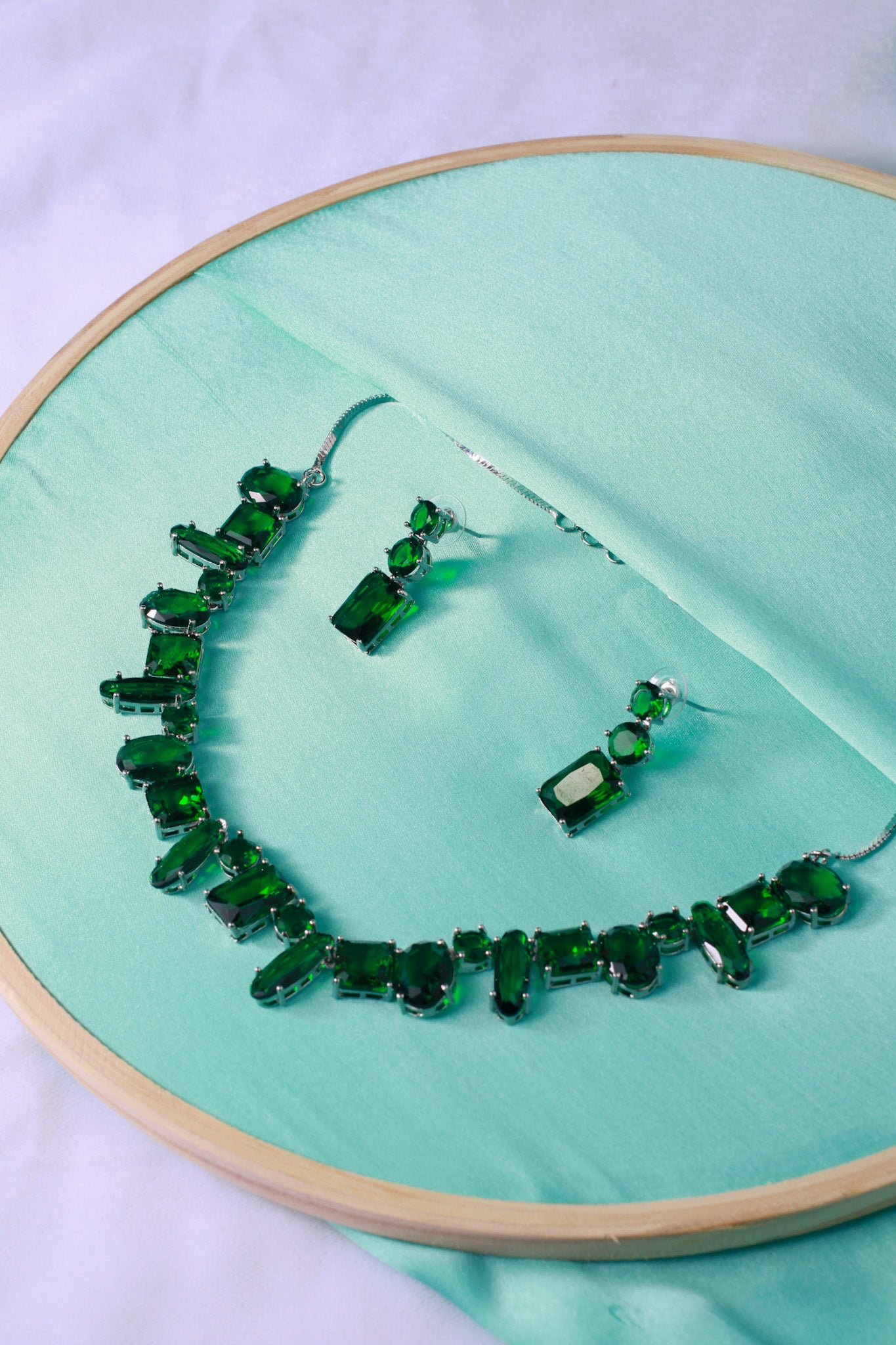 Korean Green Glass Stone Jewelry Necklace Set | Rhodium Plated Party & Bridal Jewelry with Earrings