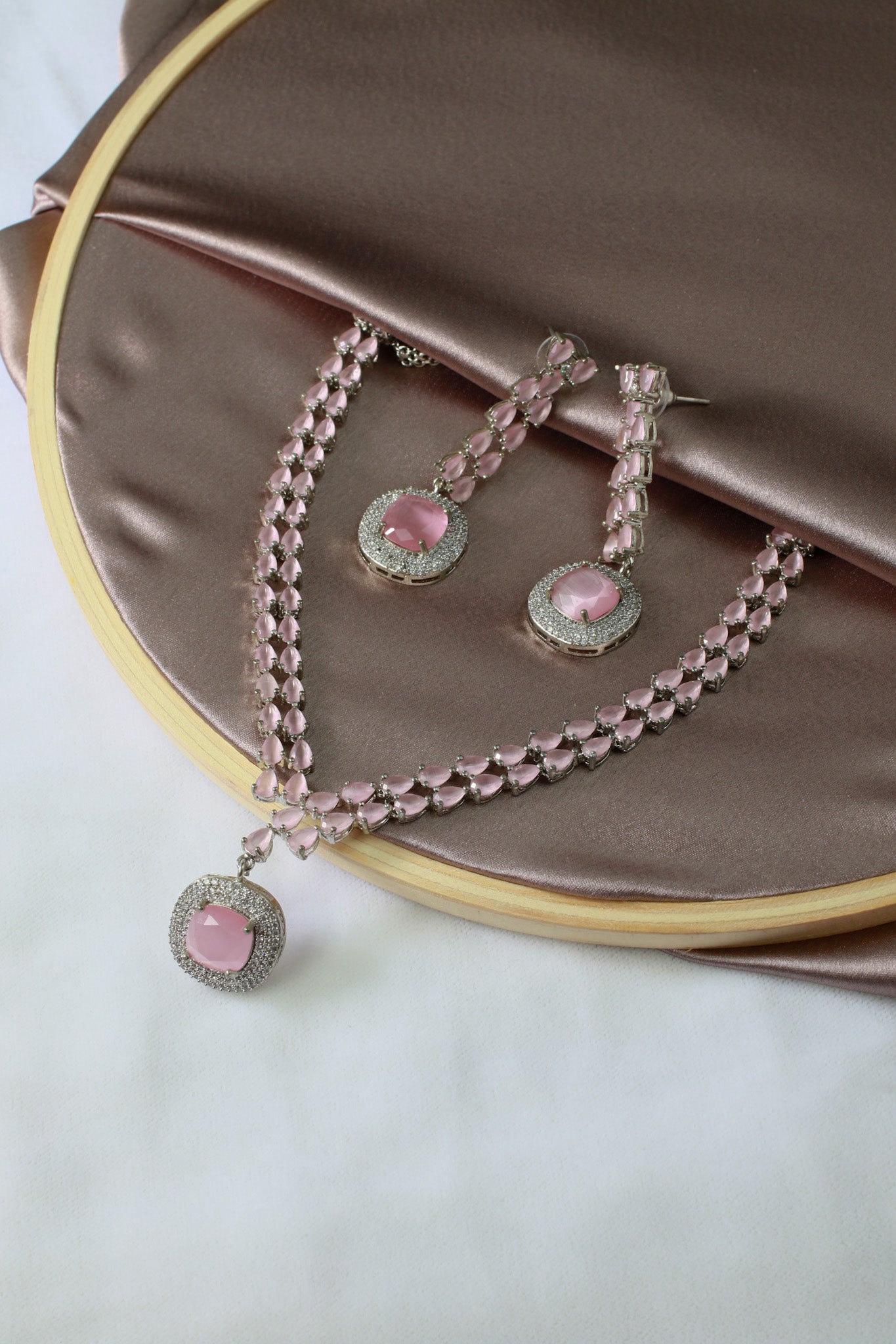 Korean Pink Glass Stone Jewelry Necklace Set | Rhodium Plated Party Wear Jewelry with Earrings