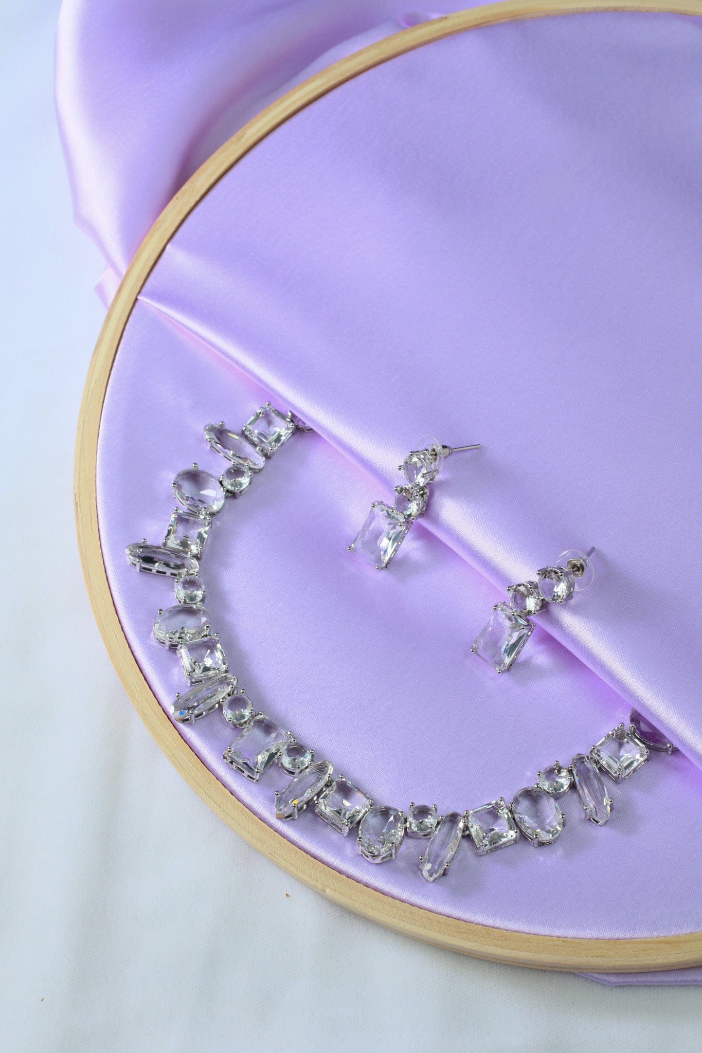 Korean Silver Glass Stone Jewelry Necklace Set | Rhodium Plated Crystal Jewelry with Earrings