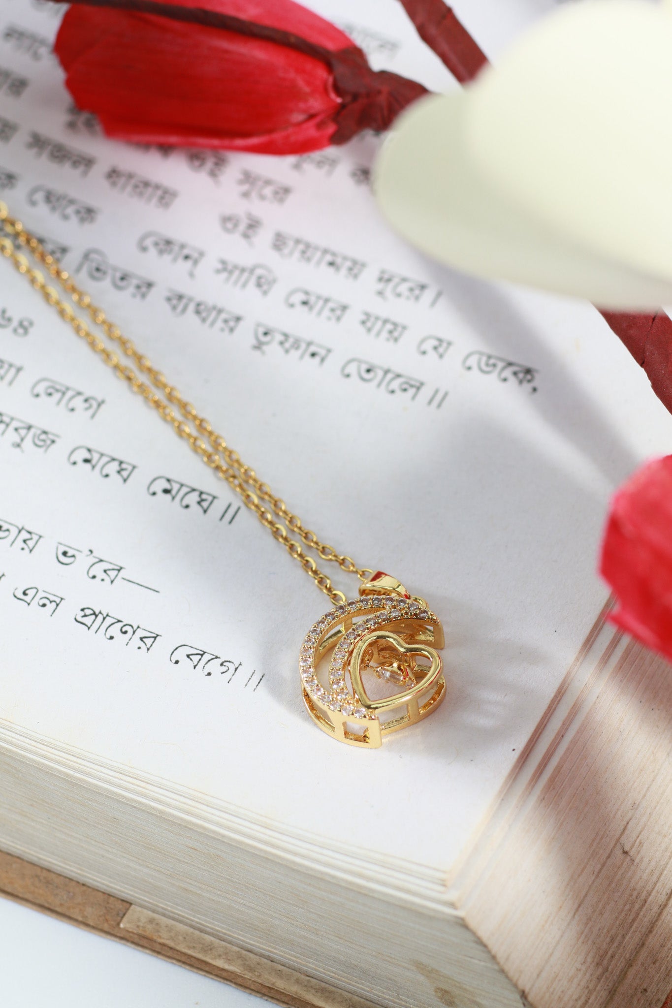 Moon & Heart Pendant Necklace – Gold Plated with CZ Stones