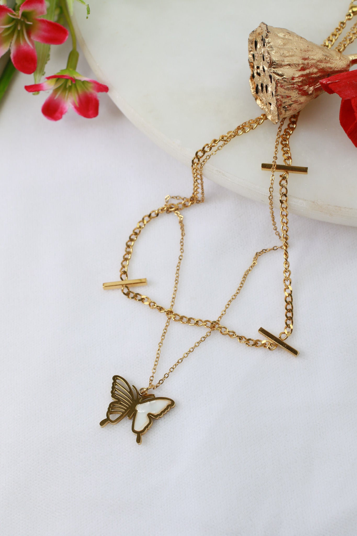 Layered Butterfly Pendant Necklace – Dual Chain Gold Plated Design