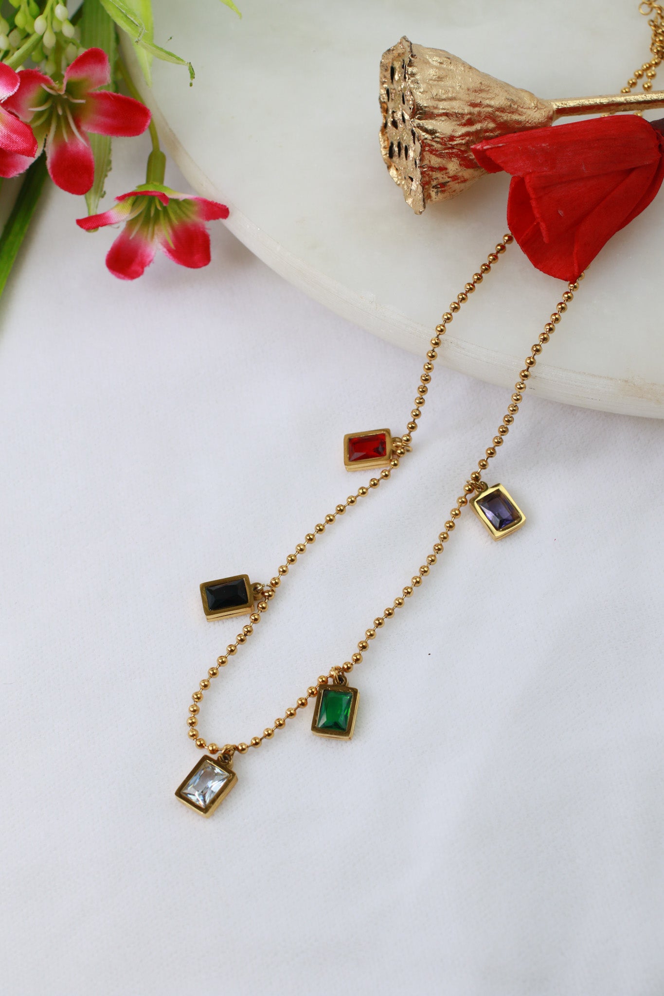 Minimal Multicolor Pendant Necklace – Gold Plated with Rectangle Charms