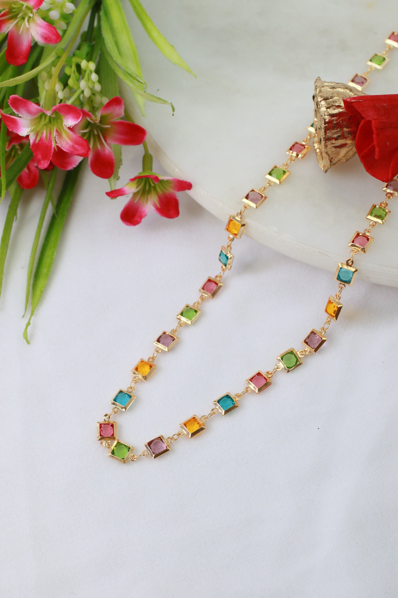 Multi-Color Square Stone Necklace – Gold Plated Statement Jewelry