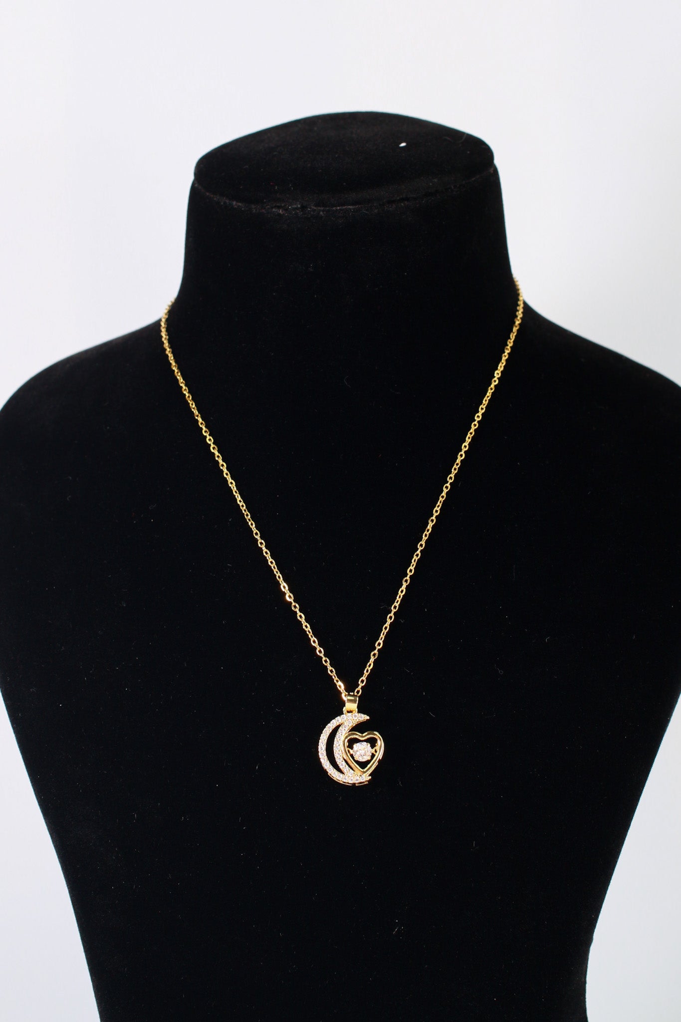 Moon & Heart Pendant Necklace – Gold Plated with CZ Stones