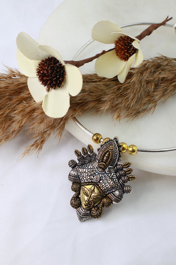 Dual Tone German Silver Hasli/Hansli Necklace – Durga motif pendant Oxidised Hansuli Choker for Women