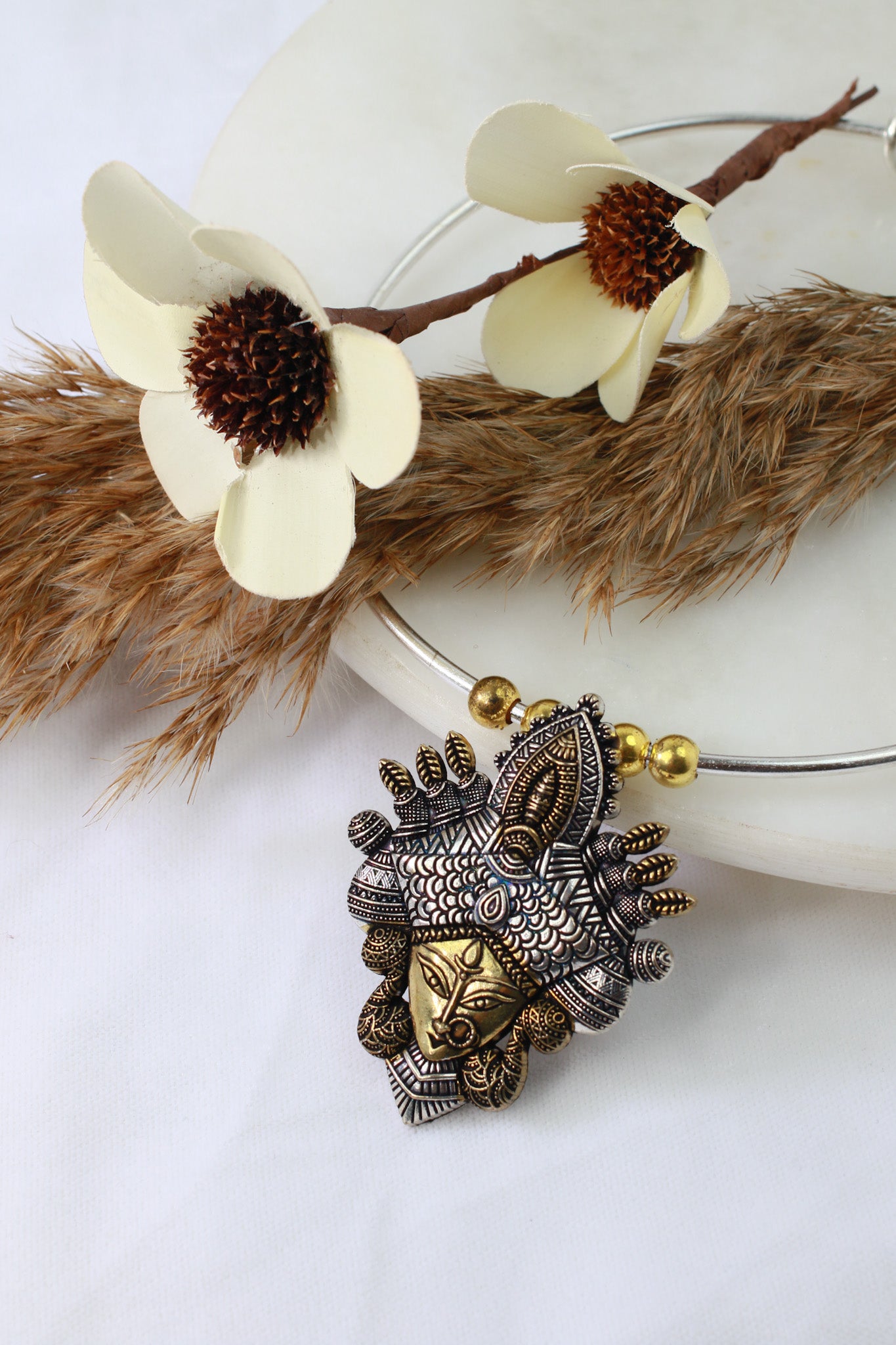 Dual Tone German Silver Hasli/Hansli Necklace – Durga motif pendant Oxidised Hansuli Choker for Women