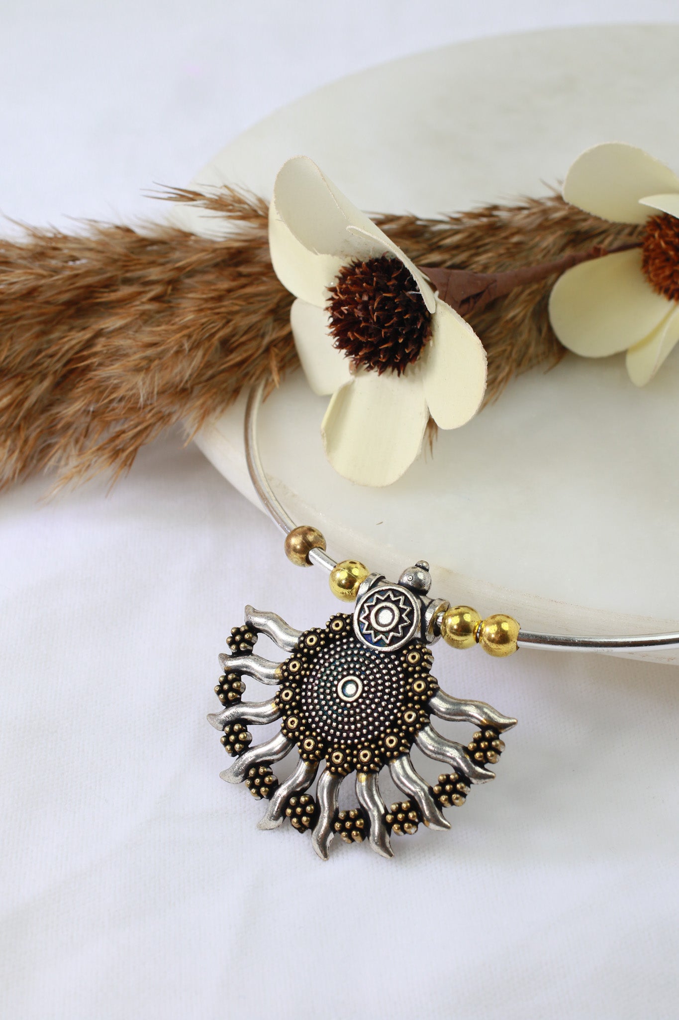 Dual Tone German Silver Hasli/Hansli Necklace – Sunburst fan pendant Oxidised Hansuli Choker for Women