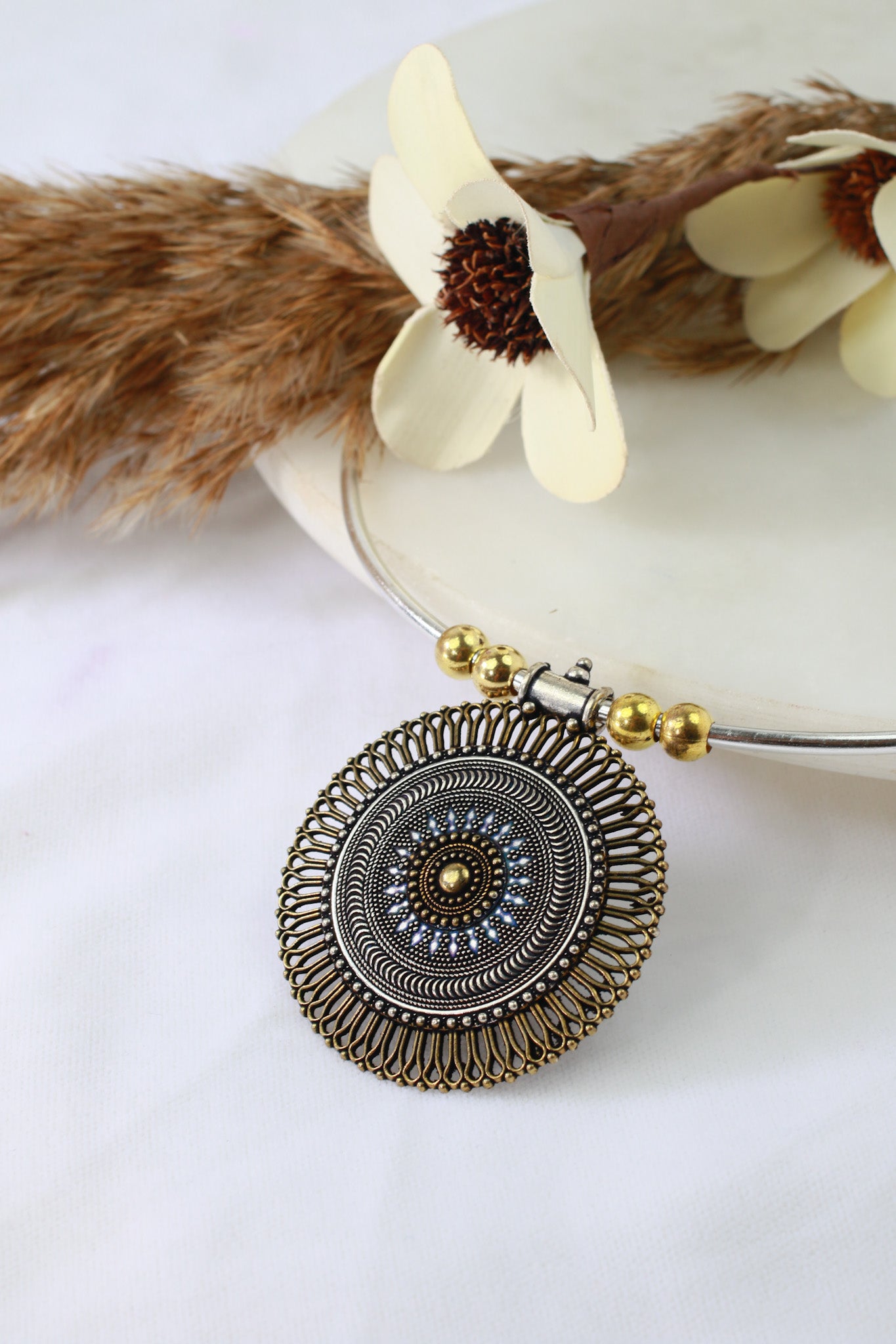 Dual Tone German Silver Hasli/Hansli Necklace – Antique mandala filigree pendant Oxidised Hansuli Choker for Women