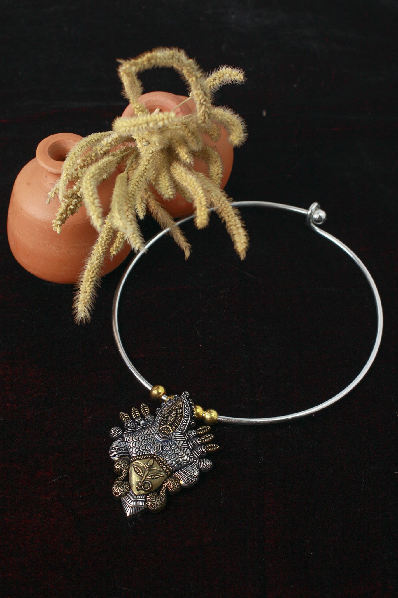 Dual Tone German Silver Hasli/Hansli Necklace – Durga motif pendant Oxidised Hansuli Choker for Women