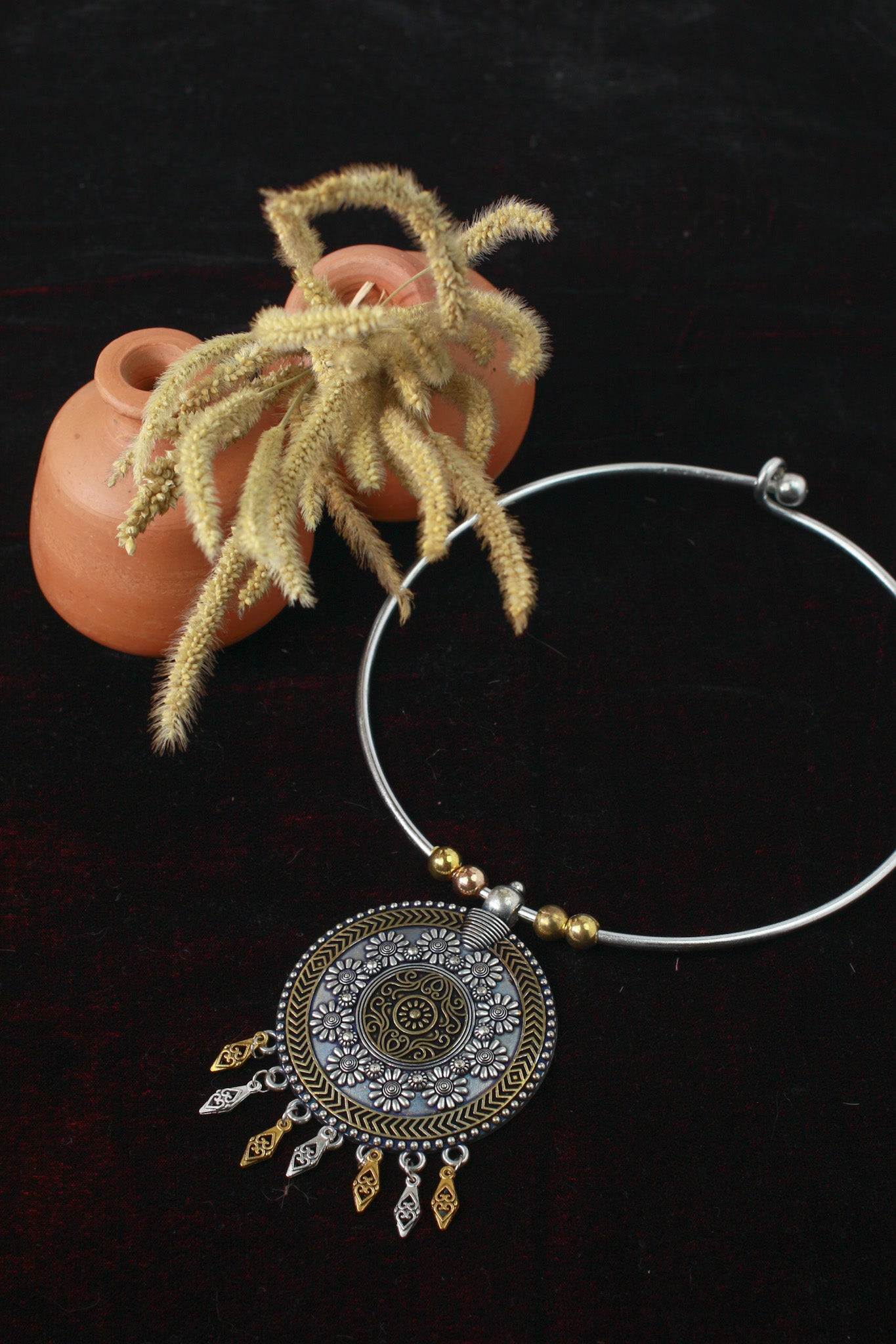 Dual Tone German Silver Hasli/Hansli Necklace – Floral mandala pendant with danglers Oxidised Hansuli Choker for Women