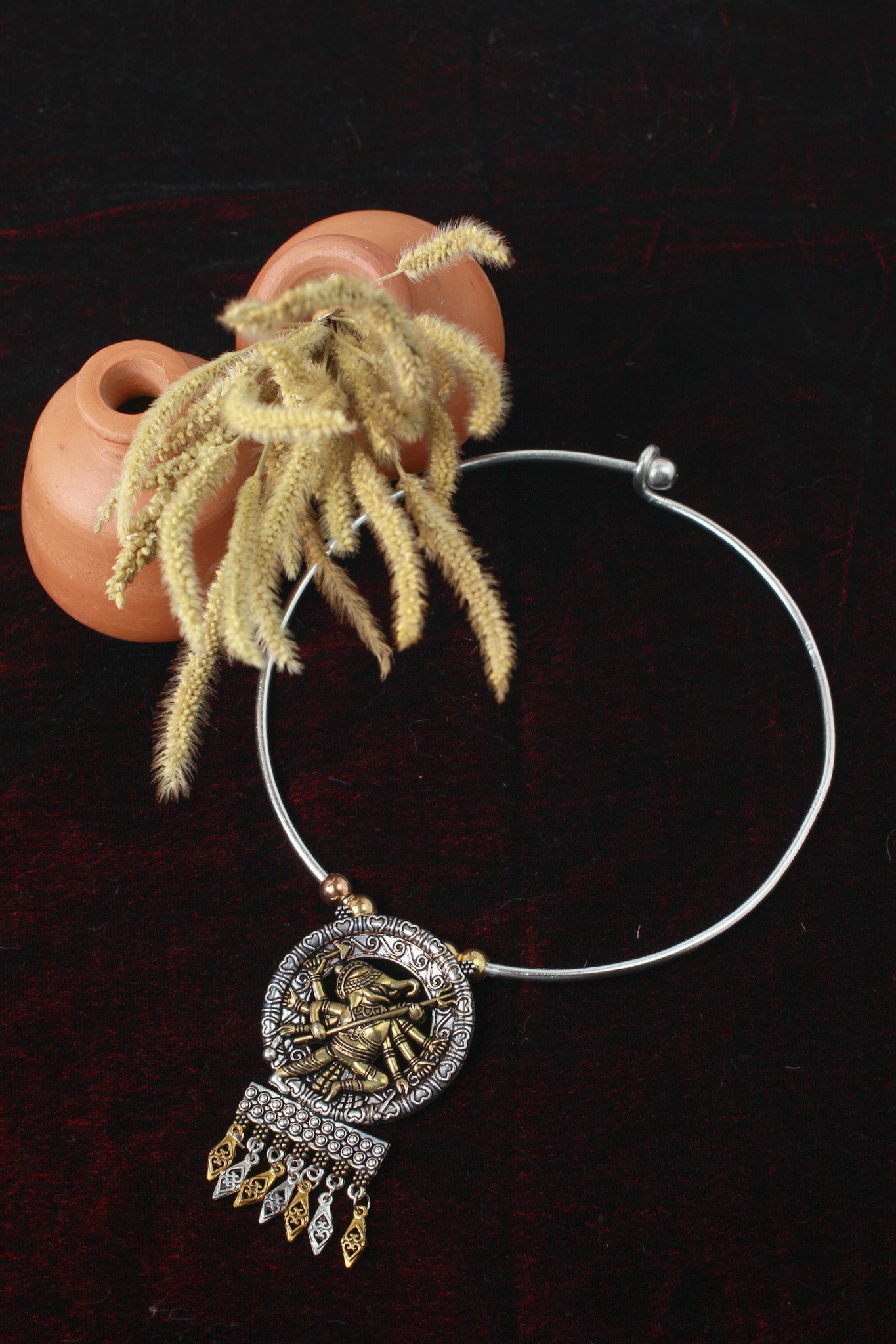 Dual Tone German Silver Hasli/Hansli Necklace – Dancing figure pendant with danglers Oxidised Hansuli Choker for Women