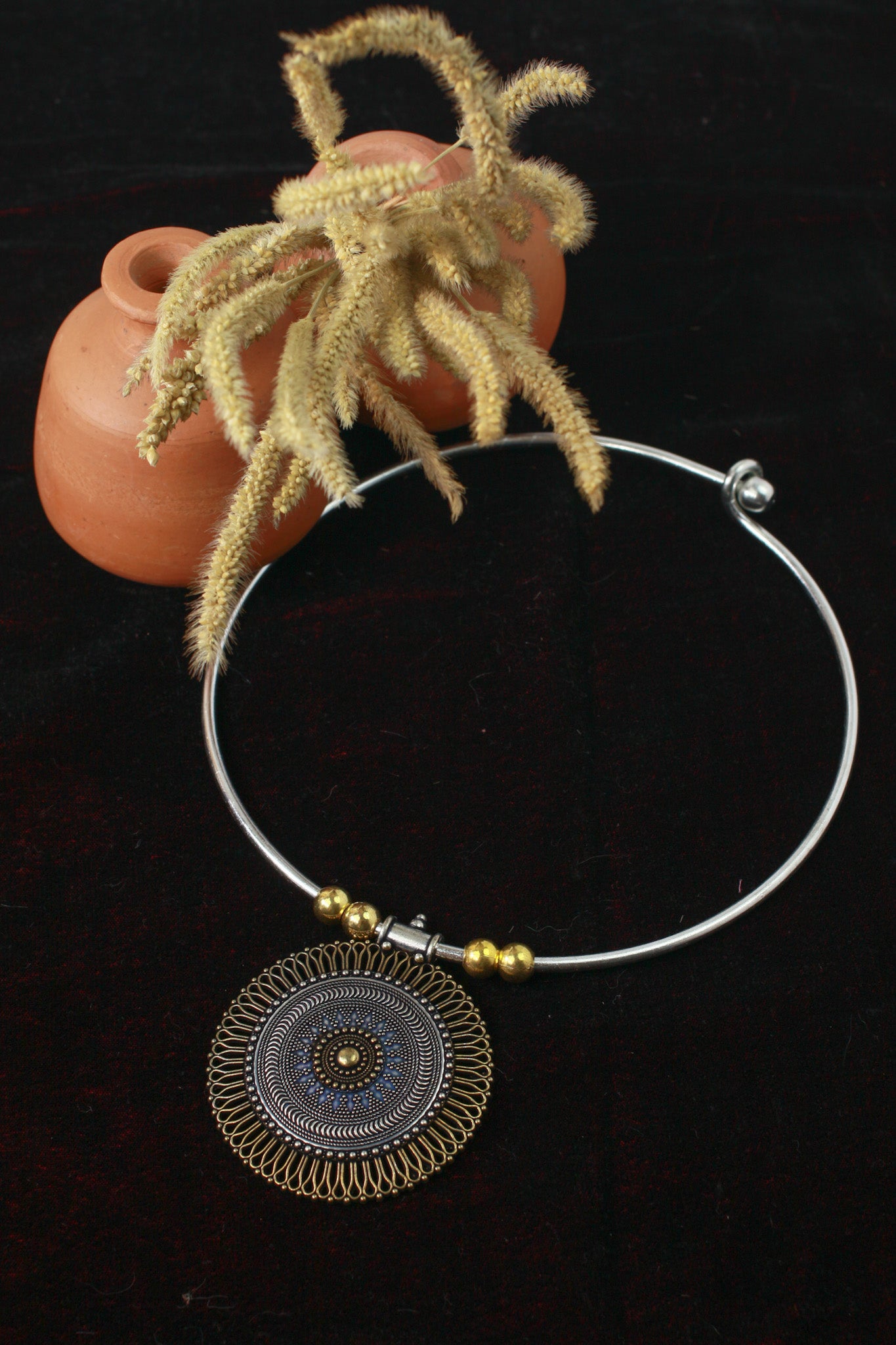 Dual Tone German Silver Hasli/Hansli Necklace – Antique mandala filigree pendant Oxidised Hansuli Choker for Women