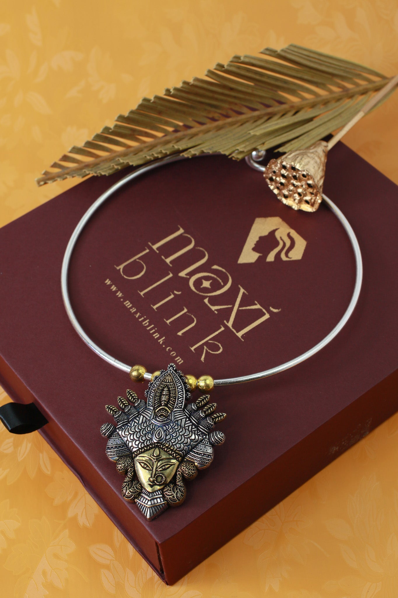 Dual Tone German Silver Hasli/Hansli Necklace – Durga motif pendant Oxidised Hansuli Choker for Women