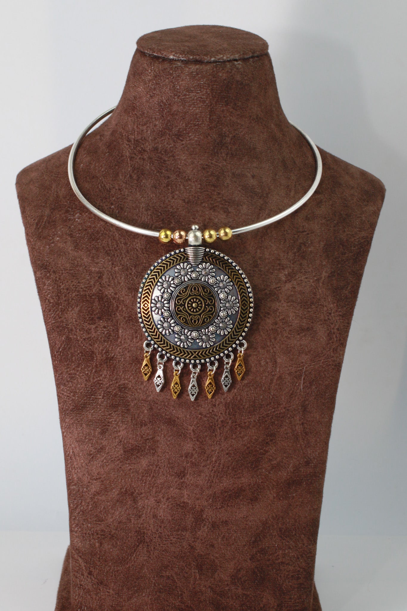 Dual Tone German Silver Hasli/Hansli Necklace – Floral mandala pendant with danglers Oxidised Hansuli Choker for Women