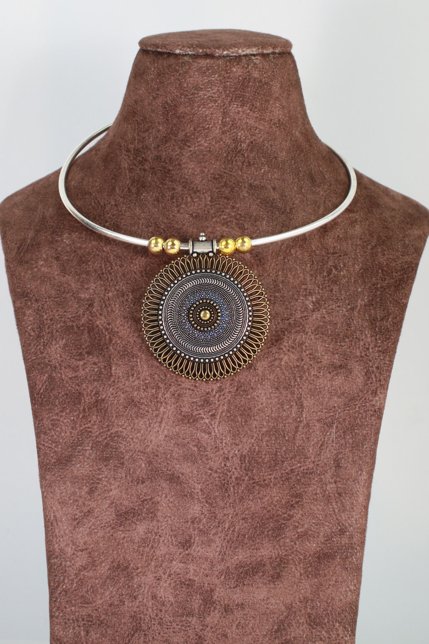 Dual Tone German Silver Hasli/Hansli Necklace – Antique mandala filigree pendant Oxidised Hansuli Choker for Women