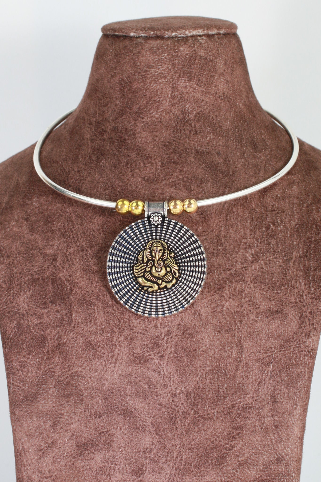 Dual Tone German Silver Hasli/Hansli Necklace – Ganesha medallion pendant Oxidised Hansuli Choker for Women