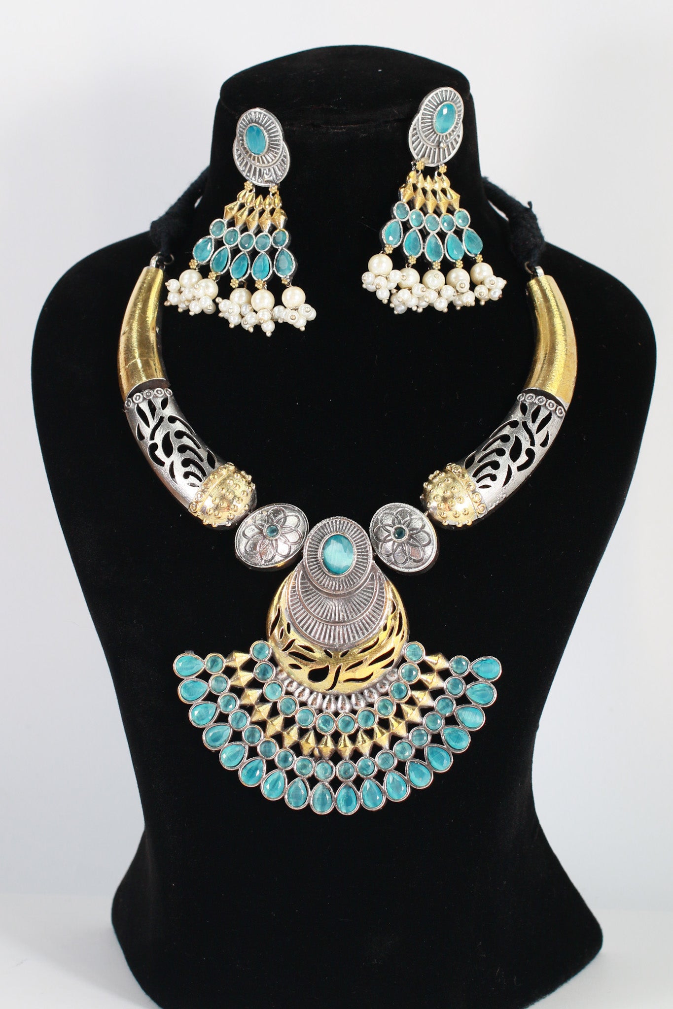 Dual Tone German Silver Temple Necklace with Blue Stones & Earrings – Oxidised Gold & Silver Festival Jewellery
