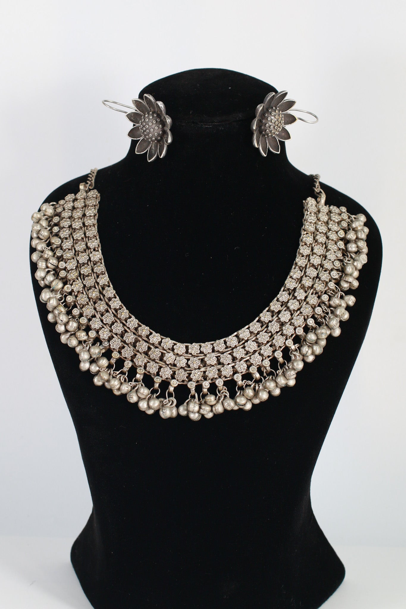 German Silver Oxidised Floral Layered Necklace with Hanging Beads & Earrings – Traditional Boho Jewellery Set