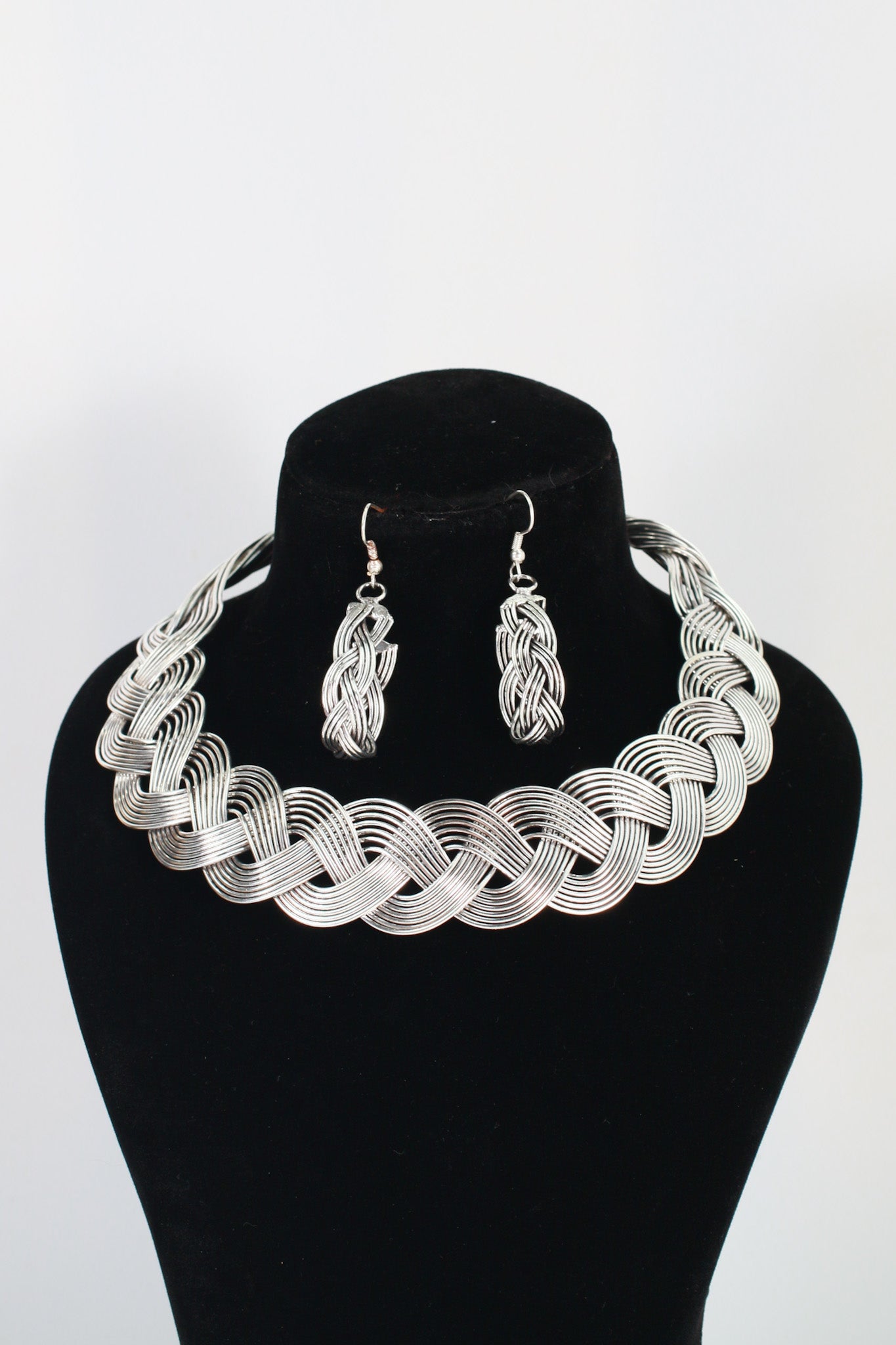 German Silver Oxidised Braided Jewellery Set (Necklace, Bracelet, Earrings, Ring)