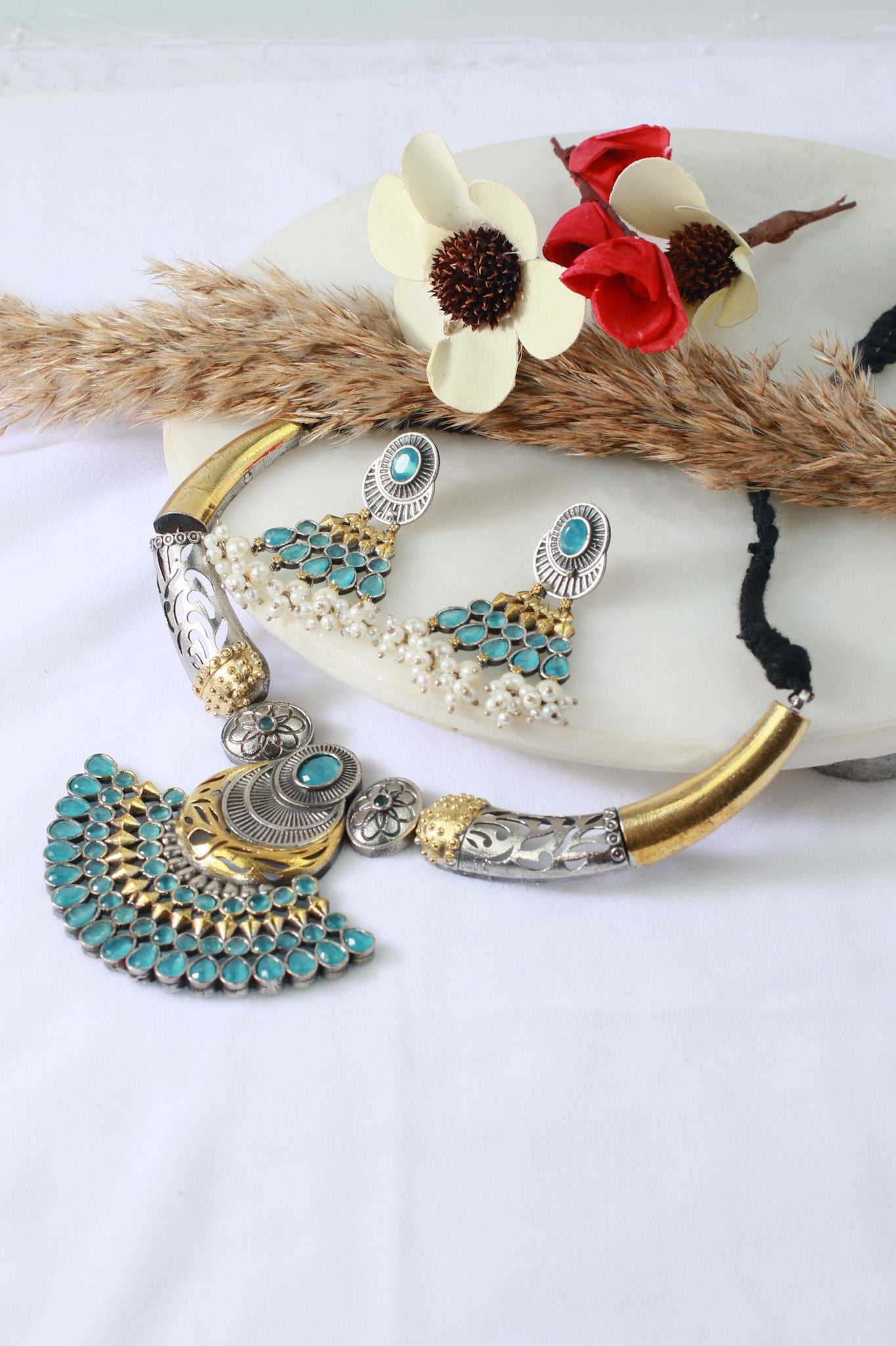 Dual Tone German Silver Temple Necklace with Blue Stones & Earrings – Oxidised Gold & Silver Festival Jewellery