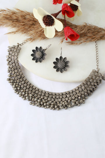 German Silver Oxidised Floral Layered Necklace with Hanging Beads & Earrings – Traditional Boho Jewellery Set
