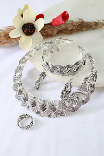 German Silver Oxidised Braided Jewellery Set (Necklace, Bracelet, Earrings, Ring)