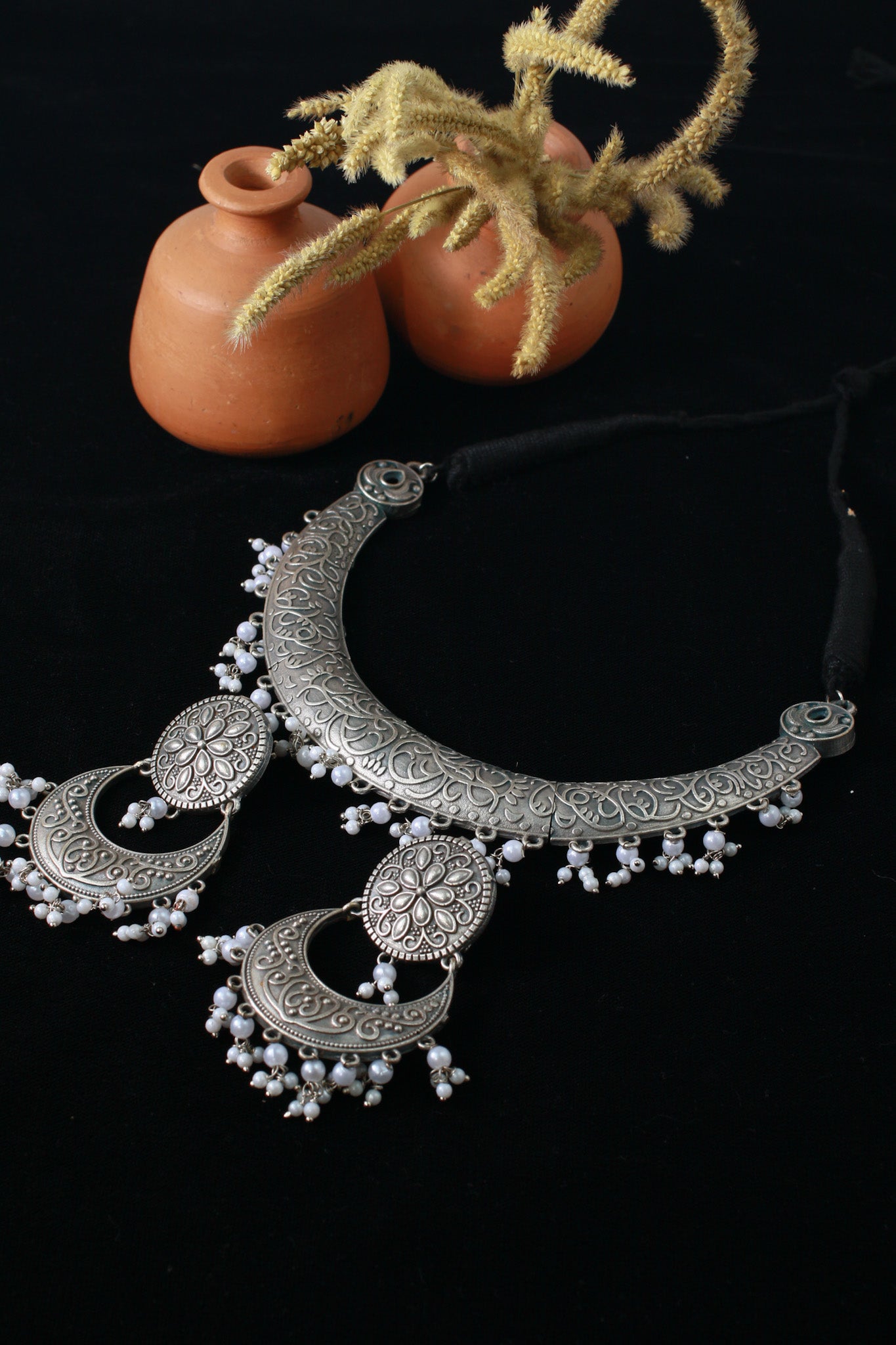 German Silver Oxidised Floral & Pearl Dangling Necklace Set