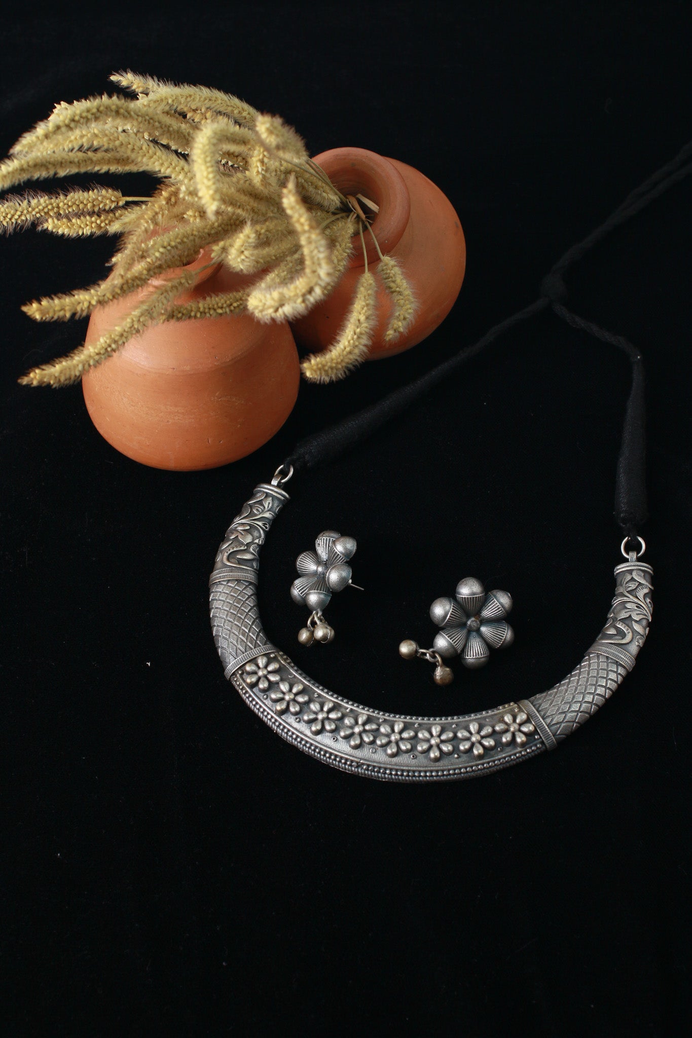 German Silver Floral Engraved Temple Necklace Set with Earrings