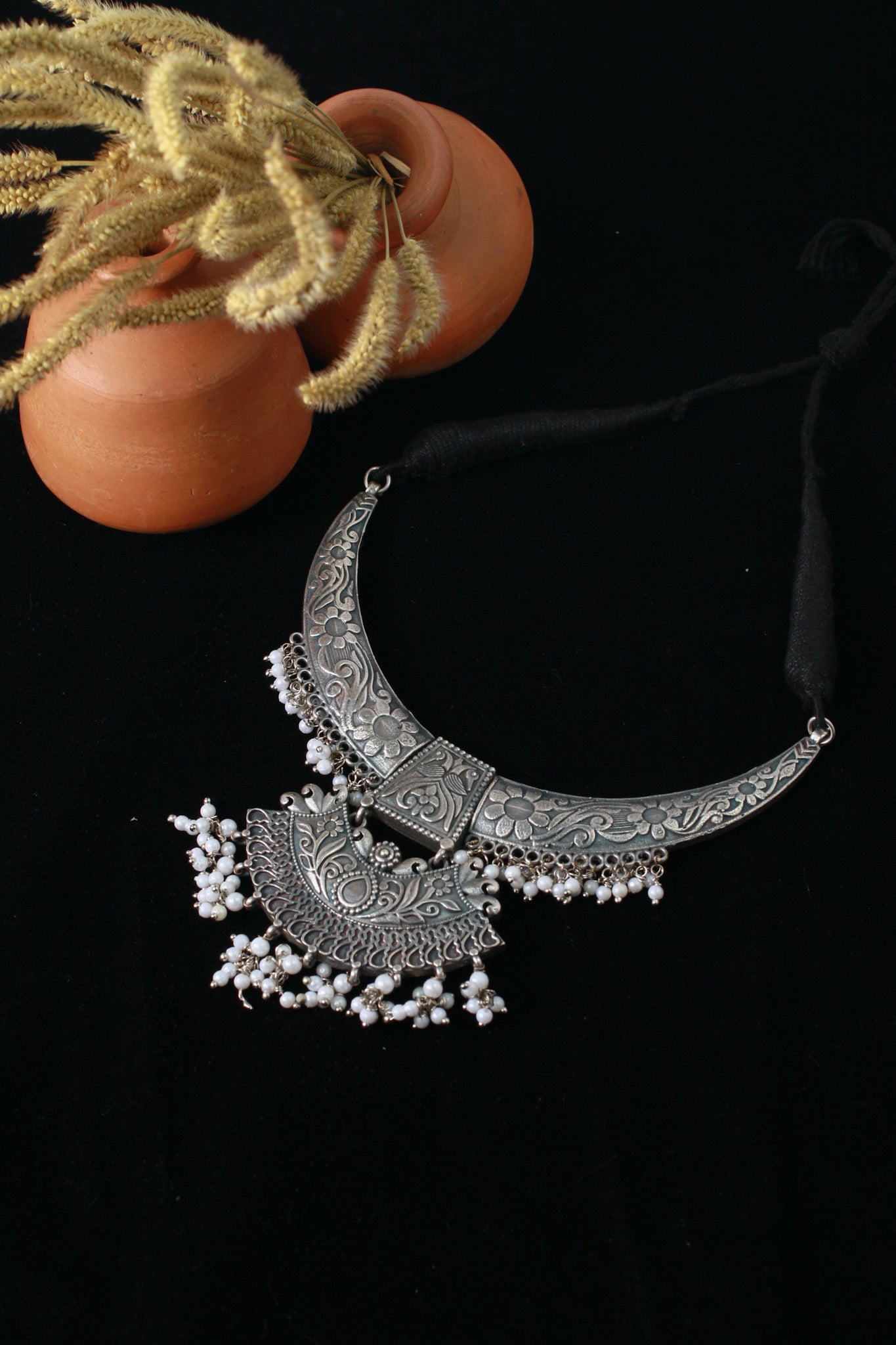 German Silver Oxidised Engraved Necklace (Only Necklace)
