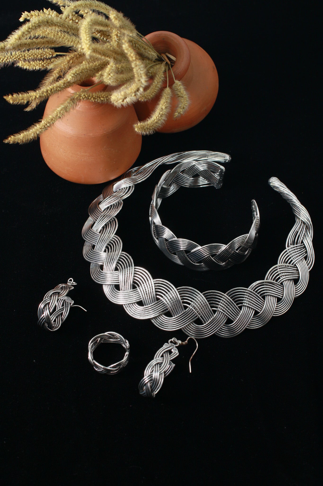German Silver Oxidised Braided Jewellery Set (Necklace, Bracelet, Earrings, Ring)