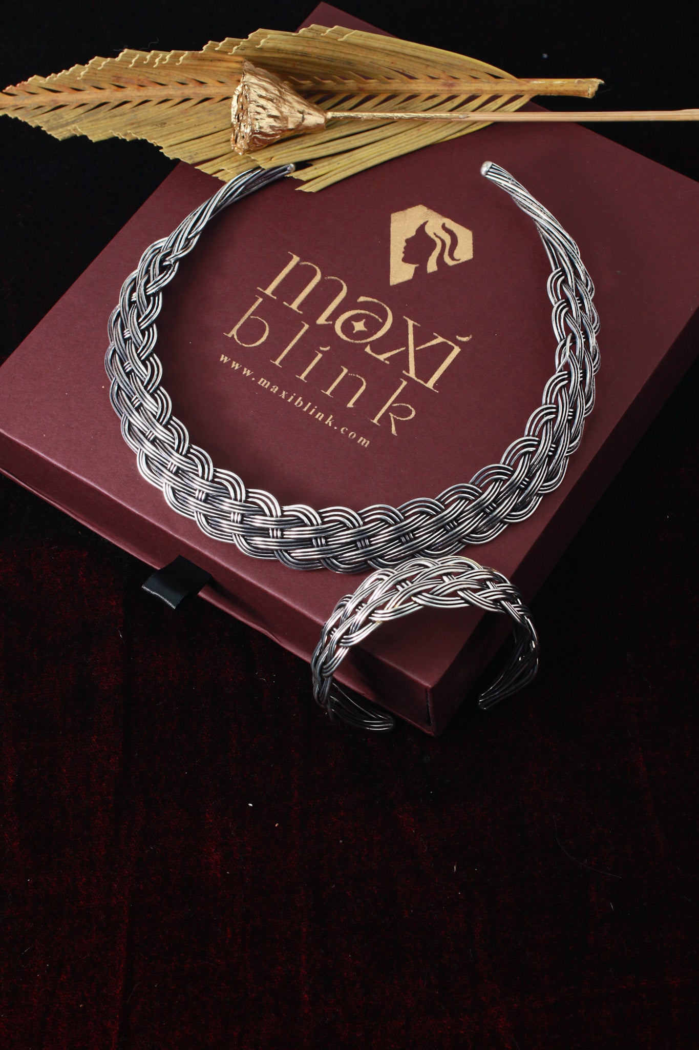 German Silver Braided Oxidised Necklace with Matching Bracelet