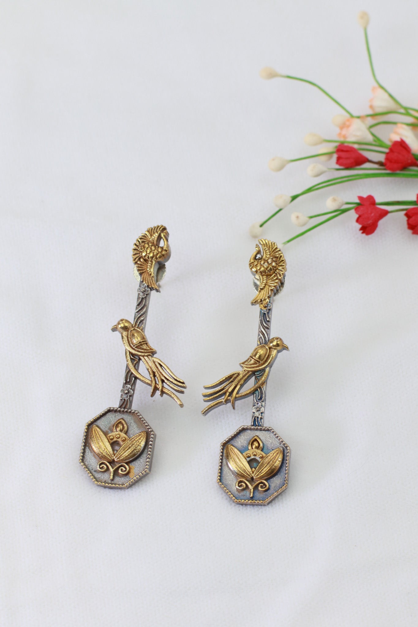 Long Bird Drop German Silver Earrings – Antique Dual Tone Finish