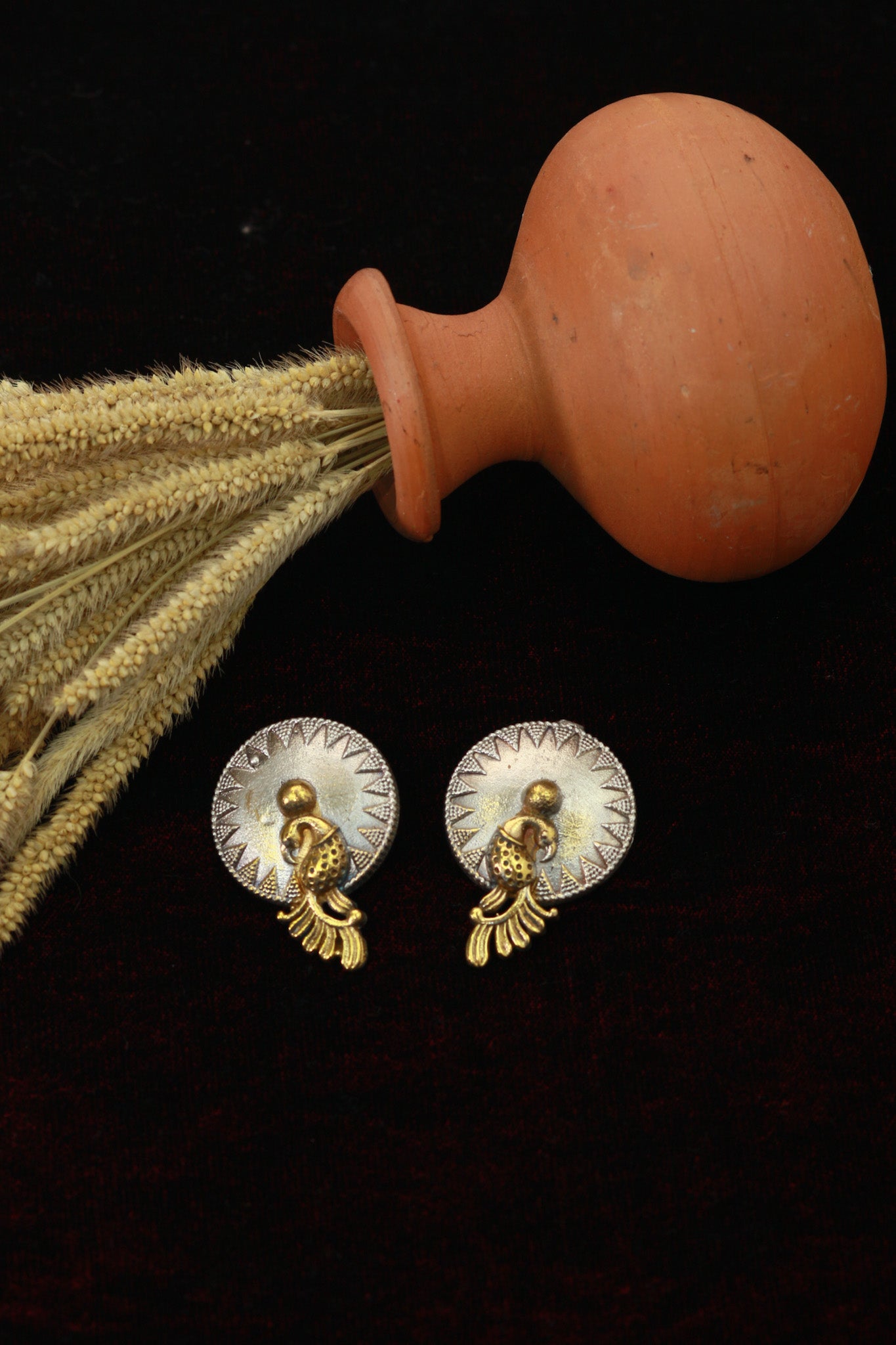 Round Dome Peacock German Silver Earrings – Antique Gold Oxidised Finish