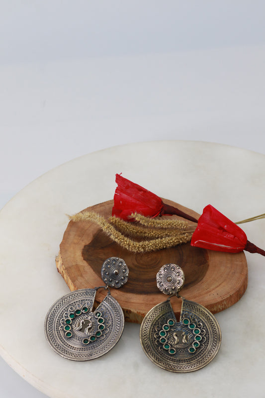 Twin Peacock Coin Disc Earrings with Green Accents | Oxidised German Silver