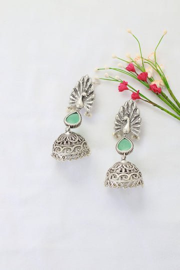Peacock Top Jhumka with Green Monalisa Teardrop | Oxidised German Silver