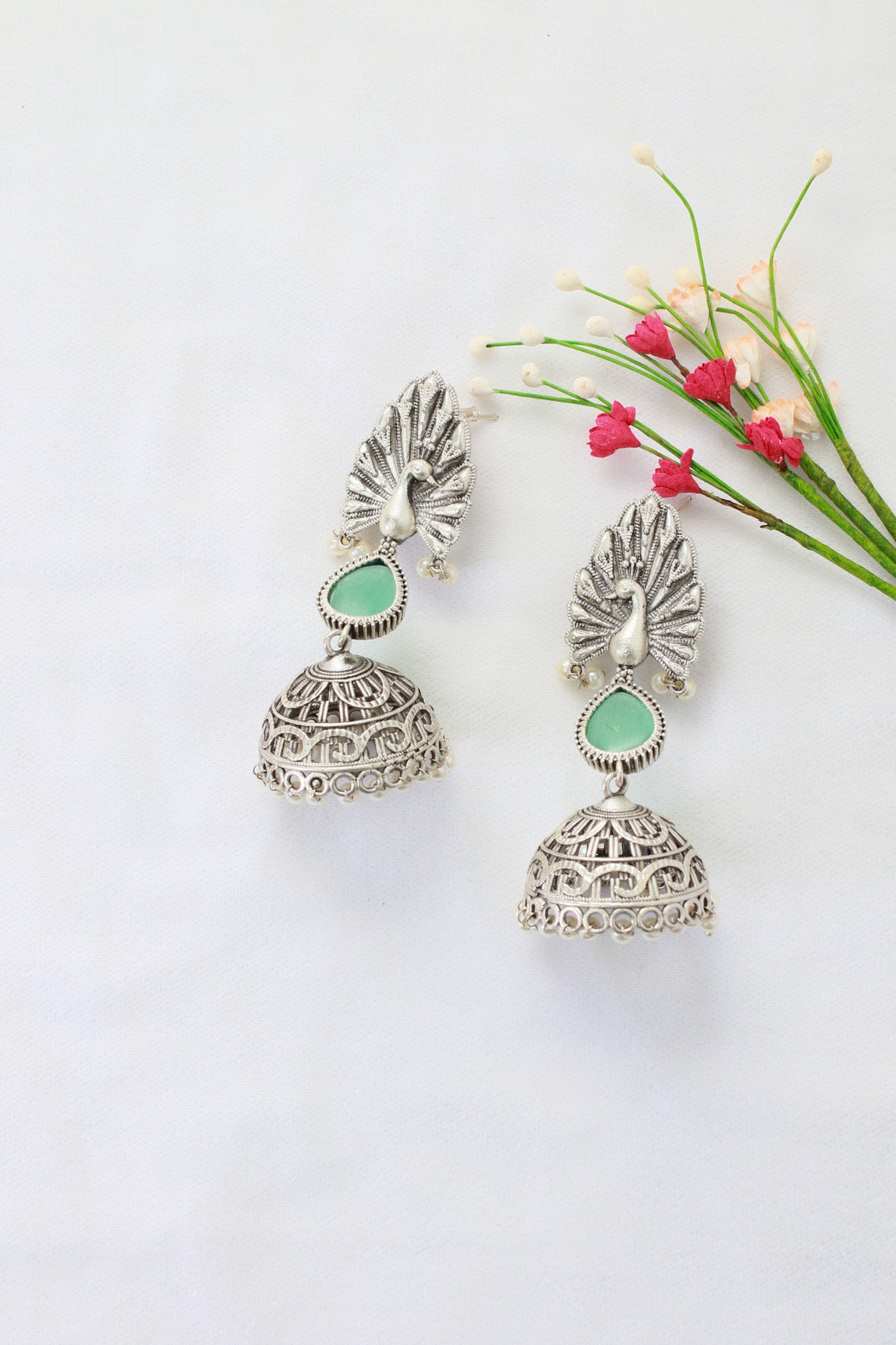 Peacock Top Jhumka with Green Monalisa Teardrop | Oxidised German Silver