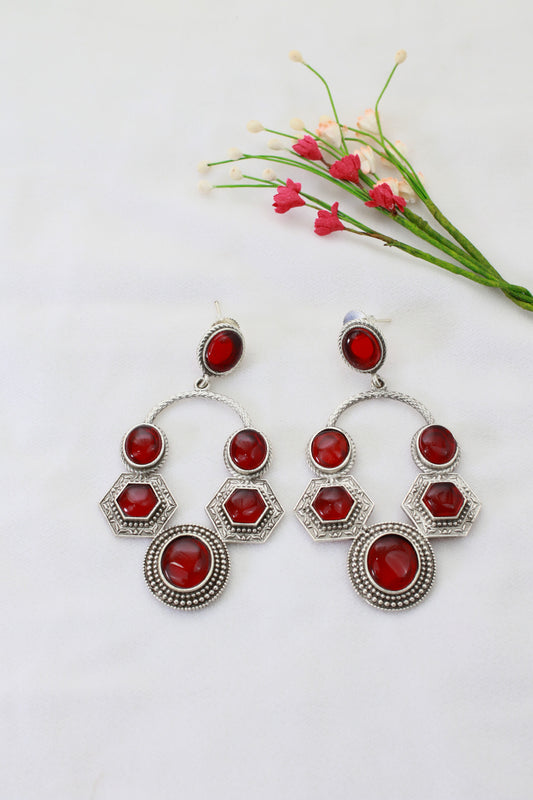 Red Monalisa Geometric Hoop Dangler Earrings | Oxidised German Silver